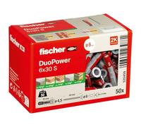fischer DuoPower 6 x 30 S, powerful universal plug with safety screw, intelligent 2-component technology for fastenings in concrete, bricks, stone, gypsum plasterboard, etc., 50 plugs & 50 screws