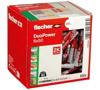 Fischer DuoPower 6 x 50, Powerful Universal Plug with Intelligent 2-Component Technology for fastenings in Concrete, Bricks, Gypsum plasterboard, chipboard, etc, 100 Plugs Without Screws