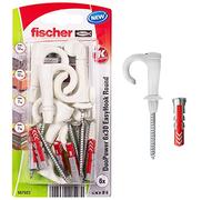 fischer EasyHook Round K (6), Set of 6 Round Hook Screws & DuoPower 6 x 30 Plugs, chipboard Screws with Hooks, Flexible Screw Hooks for mounting in numerous Building Materials
