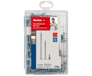 fischer Meister-Box PowerFast II Chipboard Screw, Presorted Assortment Box with 220 Blue-Galvanised Screws & 2 Bits, Countersunk Head, TX Drive, Partial & Full Thread, Universal Set for Mounting