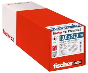 fischer PowerFast II WTP 10.0 x 220, Powerful Wood Screws with Flat Head, Inner Star Receptacle and Partial Thread, for Structural Wood Construction, Pack of 50
