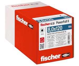 fischer PowerFull II 8.0 x 120, Premium Fully Threaded Screw (Pack of 50) with Innovative Tip Geometry, Steel Screw for Load-bearing Wood Structures with Countersunk Head, Reduces Splitting Risk