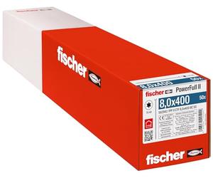 fischer PowerFull II 8.0 x 400 Premium Fully Threaded Screw (Pack of 50) with Innovative Tip Geometry, Steel Screw for Load-bearing Wood Structures with Countersunk Head, Reduces Splitting Risk