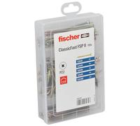 fischer Profi Box ClassicFast II Chipboard Screw, Presorted Assortment Box with 110 Yellow-Galvanised Screws in Diameter 4.5-5.0 mm, Countersunk Head, PZ Drive and Partial Thread, for Wood Building