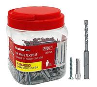 Fischer 5 mm, Propack SX Plus 5 S, 240 x 5 x 25 Dowels with Screw + SDS Drill Bit, Reusable Jar, for Fixing on Concrete and Masonry 570205, Grey