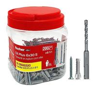 fischer Propack SX Plus 6 S | 200 x 6 x 30 Dowels with Screw + SDS Drill Bit 6 mm Reusable for Fixing on Concrete and Masonry