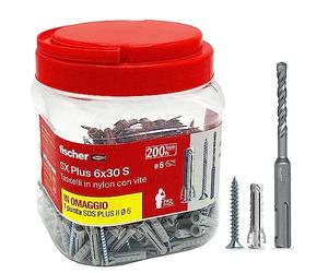 fischer Propack SX Plus 6 S | 200 x 6 x 30 Dowels with Screw + SDS Drill Bit 6 mm Reusable for Fixing on Concrete and Masonry