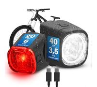 FISCHER Square Bicycle Lighting Set, 40/20 Lux, Front and Rear Light, with Battery, USB Charging Function, Splash Protection According to IP44, StVZO Approved