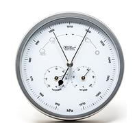 Fischer Stainless Steel Weather Station, Multi-Colour | Thermometer, barometer, hygrometer, white dial, measuring range 20-100% r. F., 160 mm diameter, made in Germany