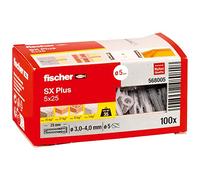 fischer SX Plus 5 x 25 Nylon Expansion Wall Plugs 100 Pack | 4-way expanding nylon plug for secure fixings in solid and perforated building materials