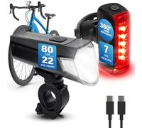 FISCHER Twin Bicycle Light Set, 360° Floor Lighting, LED Bicycle Lamp 80 Lux, Rechargeable Battery with USB C, Front and Rear Tool-free Mountable