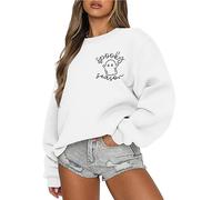 FISCRAT Halloween Spooky Season Oversized Sweatshirt Women Cute Ghost Sweatshirts Fall Embroidered Sweater Pullover Top, White, Large