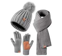 FISFET Hat Scarf and Gloves Set Ladies, Winter Beanie Hat for Women with Pom Pom Fleece Lined Warm, Bobble Hat Touchscreen Gloves Women Scarf Neck Warmer 3 in 1 Cold Weather Gift Set(Grey)