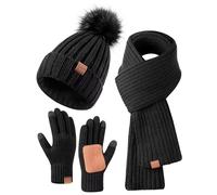 FISFET Hat Scarf and Gloves Set Ladies, Winter Beanie Hat for Women with Pom Pom Fleece Lined Warm, Bobble Hat Touchscreen Gloves Women Scarf Neck Warmer 3 in 1 Cold Weather Gift Set(Black)