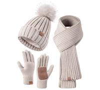 FISFET Hat Scarf and Gloves Set Ladies, Winter Beanie Hat for Women with Pom Pom Fleece Lined Warm Thermal, Bobble Hat Touchscreen Gloves Women Scarf Neck Warmer 3 in 1 Cold Weather Set(Oatmeal)
