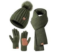 FISFET Hat, Scarf & Glove Sets for Women, Beanie Hat Women's Winter with Bobble Fleece Lined, Touchscreen Gloves, Scarf, Warmer Hat, Women's 3-in-1 Set, Green, One size