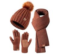 FISFET Winter Beanie Hat Scarf Gloves Set for Women, Womens Beanie with Pom Pom Long Scarf Neck Warmer Touchscreen Gloves 3 in 1 Set