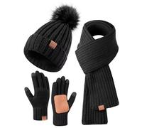 FISFET Winter Beanie Hat Scarf Gloves Set for Women, Womens Beanie with Pom Pom Long Scarf Neck Warmer Touchscreen Gloves 3 in 1 Set