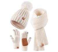 FISFET Winter Beanie Hat Scarf Gloves Set for Women, Womens Beanie with Pom Pom Long Scarf Neck Warmer Touchscreen Gloves 3 in 1 Set
