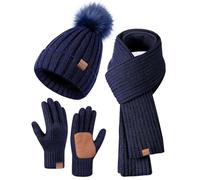 FISFET Women's Winter 3-in-1 Set, Navy, One Size: Hat, Scarf & Gloves with Bobble Fleece Lined, Touchscreen Gloves, Anti-Slip Palm, Perfect for Outdoor Activities & Gifting