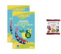 Fish 4 Ever | Whole Sardines in Organic Olive Oil & Lemon 120g (Pack of 2) + Primadeli Snack - Sustainably Fished. Tin Canned Food Rich in Omega-3, Ready Seasoned, Great for Lunch Meals