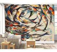 Fish Abstract Wall Mural, Self Adhesive Wallpaper Peel and Stick, Animal Ocean Home Decor Photo Wallpaper, Silk Cloth Wall Sticker for Living Room & Bedroom, 300x210 cm - F-109