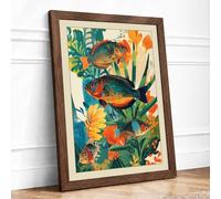 Fish Among Flowers Boho Framed Wall Art Print A3 Walnut