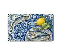Fish and Lemon Dish Drying Mats for Kitchen Counter, Blue Coastal Absorbent Rubber Dish Drainer Mat, Summer Nautical Pu Leather Drying Pad 12x20 Inch