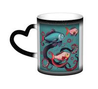 Fish and Octopus Print Mystical Color Changing Mug, Black to White Thermal Mug for Coffee Tea Home Office