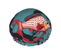 Fish and Octopus Print Shower Cap - Double Layer, Breathable, Adjustable Elastic Strap, Durable Travel Essentials