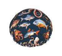 Fish and Octopus Reusable Shower Cap for Women, Double Waterproof Layers Bath Hat, Hair Treatment Essentials