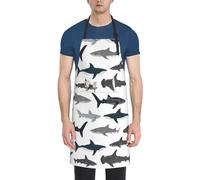 Fish And Shark Print Kitchen Apron With Pockets Versatile Adjustable Chef Bbq Grilling Smock For Adults
