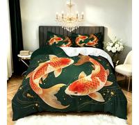 Fish Animals Single Duvet Cover Set Chinese Style Bedding Set 3D Print Soft Microfiber Quilt Covers 135x200 cm with Zipper Closure and 2 Pillowcases 50x75 cm for Teens N.818