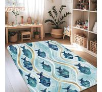 Fish Area Rug, Coastal Nautical Waves Bubbles Summer Blue Non-Slip Aesthetic Rectangle Home Floor Carpet Rugs for Living Room Bedroom Under Bed Apartment Decor 4' X 6'