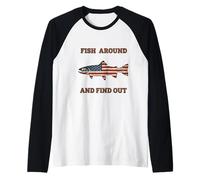 Fish Around and Find Trout American Flag Patriotic Angler Raglan Baseball Tee