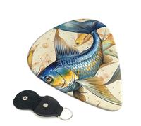 Fish art Print Printed Guitar Picks, 6 Pack with Leather Keychain Pick Holder - 0.46mm, 0.71mm, 0.96mm Assorted Thickness for Acoustic Ukulele, Electric Guitar, Acoustic Guitar, Bass