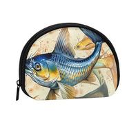Fish art Print Printed Mini Coin Pouch, Shell Shape Zip Around Wallet, Small Zipper Pouch for Cash, Cards, Keys, Lipstick, Storage Pouch, Travel Organizer