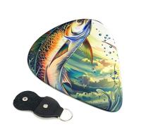 Fish art Printed Guitar Picks, 6 Pack with Leather Keychain Pick Holder - 0.46mm, 0.71mm, 0.96mm Assorted Thickness for Acoustic Ukulele, Electric Guitar, Acoustic Guitar, Bass