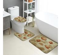 Fish Bathroom Mat Sets 3 Piece, Vintage Oceanic Coral Absorbent Non Slip Toilet Rugs U Shaped Washable, Nautical Quick Dry Flannel Bathroom Rug Set