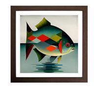 Fish Bauhaus Painting Framed Print | 18x18 Inch Walnut Framed Wall Art | Ready to Hang | Modern Animal Picture | Living Room Bedroom Lounge Office