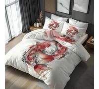 Fish Bedding King Duvet Cover Sets, Red Carp Sun Japanese Quilt Cover 3 Piece, Fish Bedroom Decor Bed Set Super Soft Microfibre With 2 Pillowcase, No Comforter