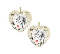 Fish Bird And Bamboo Leaves Painting Christmas Tree Ceramic Hanging Bauble Personalised Xmas Baubles Cute Christmas Ornaments Gifts For Kids Family Friends