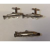 Fish Brown Trout V31 On A Pair of Cufflinks With A Tie Slide Set Fine English Modern Pewter POSTED BY US GIFTS FOR ALL 2016 FROM DERBYSHIRE UK