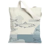 Fish Canvas Tote Bag for Women, Minimalistic Contemporary Waves Dots Summer Blue Washable Reusable Market Tote Bag Ideas for Shopping Trips Office Library Casual 13x15 Inch