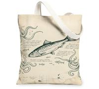 Fish Canvas Tote Bag for Women, Nautical Vintage Octopus Seaweed Summer Green Washable Reusable Market Tote Bags Ideas for, Green, 13x15 Inch