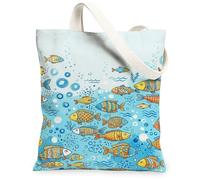 Fish Canvas Tote Bag for Women, Summer Playful Bubbles Waves Summer Blue Washable Reusable Small Tote Bag Ideas for Shopping Trips Office Library Casual 13x15 Inch