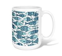 Fish Ceramic Coffee Mug, Nautical Playful Stripes Dots Summer Teal Novelty Tea Cup with Handle Ideal for Friends Family Coworkers Teachers Couples Employees 15 Oz