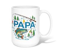 Fish Ceramic Coffee Mug, Outdoor Playful Fishing Rod Trees Summer Green Novelty Work Drinking Mugs with Handle Ideal for Friendship Family Colleague Staff Sweetheart Teachers 15 Oz