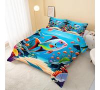 Fish Coverless Duvet Single 7.5 Tog, Marine Life Soft Hypoallergenic Quilt for Kids Boys Girls, Coastline Lightweight Comforter Set for All Seasons, Easy Care Bedding Single Bed Size Q&252