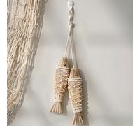 Fish Decoration, Pack of 2 Wooden Fish Decoration with String, Hand Carved Wooden Fish Hanging Decoration, Fishing Net Decoration, Wooden Fish for Maritime Decoration, Home Decoration (Small)
